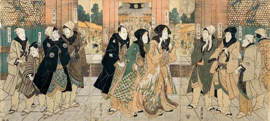 Die Kabuki-Schauspieler (von links nach rechts) Bando Tsurujiro, Ichikawa Sanzo, Ichikawa Danjuro VII, Matsumoto K...